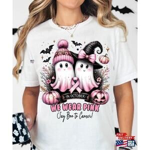 In October We Wear Ghost Png Breast Cancer Awareness Cute Spooky Tshirt Classic
